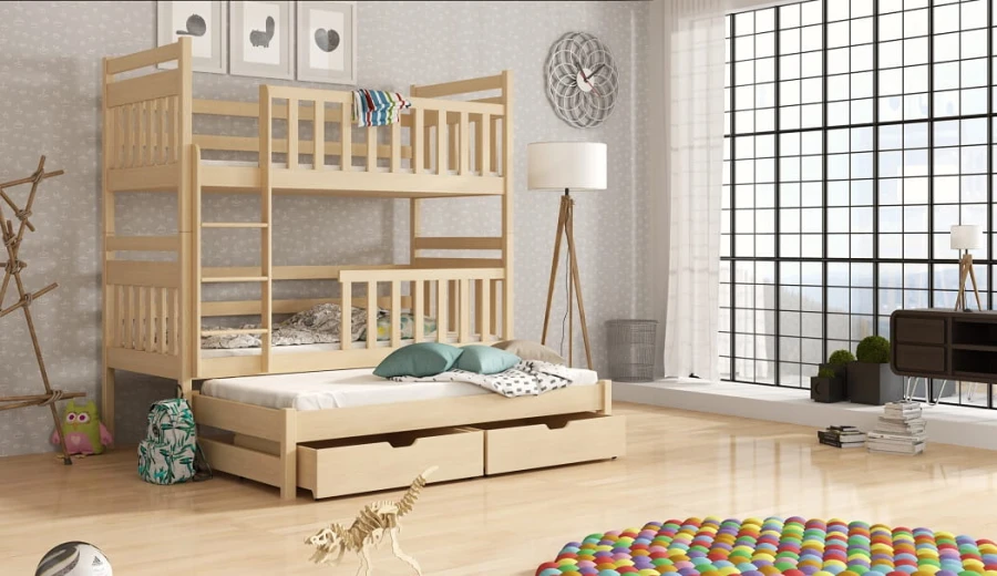 Etagenbett aus Kiefernholz mit drittem Schlafplatz und Stauraum.