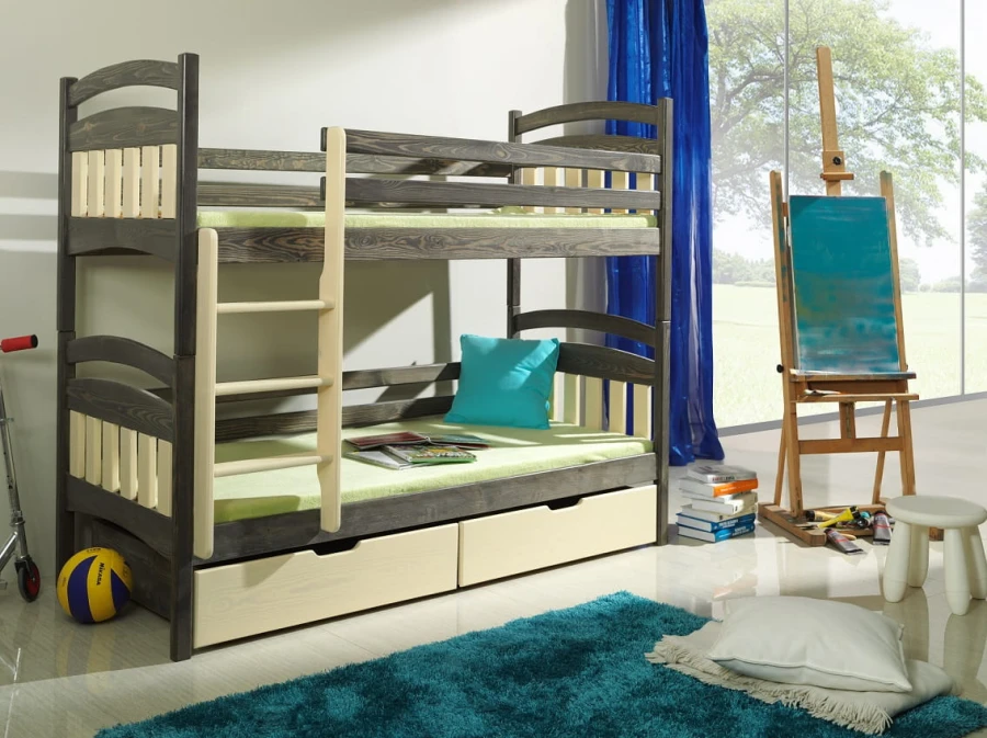 Modernes Stockbett in Grau und Naturholz mit Schubladen und gemütlicher Einrichtung.