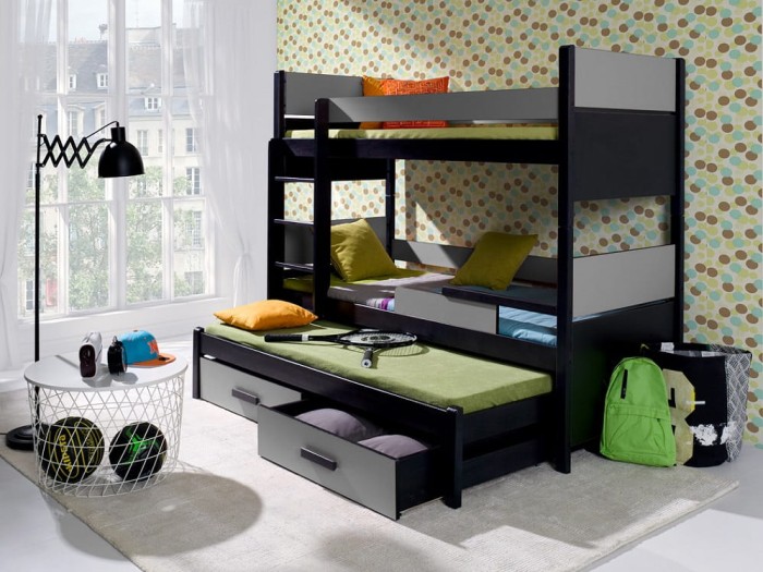 Etagenbett für 3 Kinder AUGUSTIN Wenge (beize) + grau