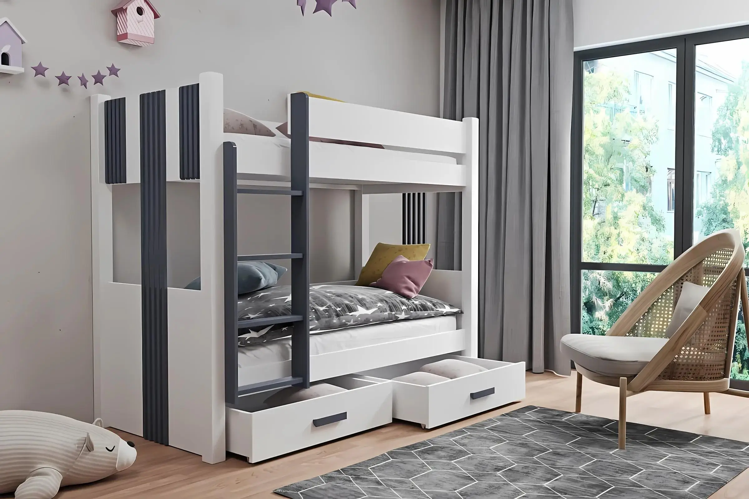 ALEXANDRA II 90x200 Weiß + Graphit Etagenbett mit Schubladen Deine Möbel