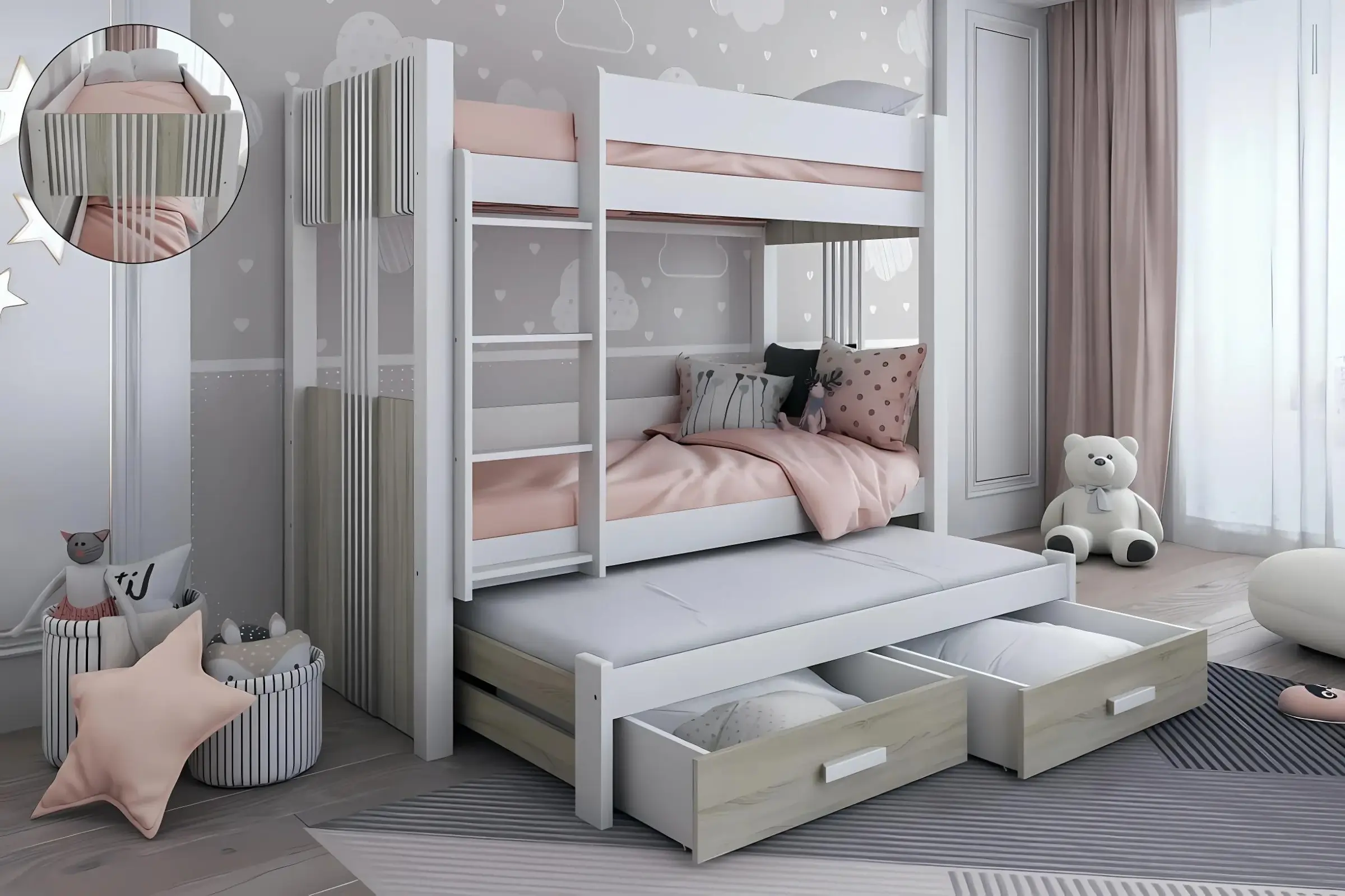 ALEXANDRA III 90x200 Weiß + Eiche Sonoma Etagenbett Ausziehbett mit Schubladen Deine Möbel