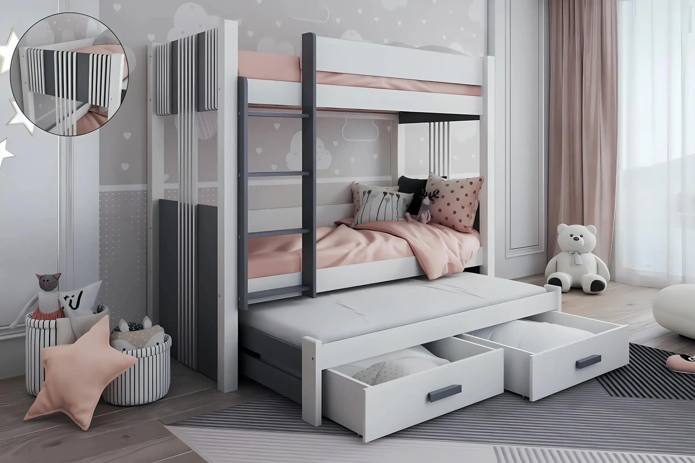 ALEXANDRA III 90x200 Weiß + Graphit Etagenbett Ausziehbett mit Schubladen Deine Möbel