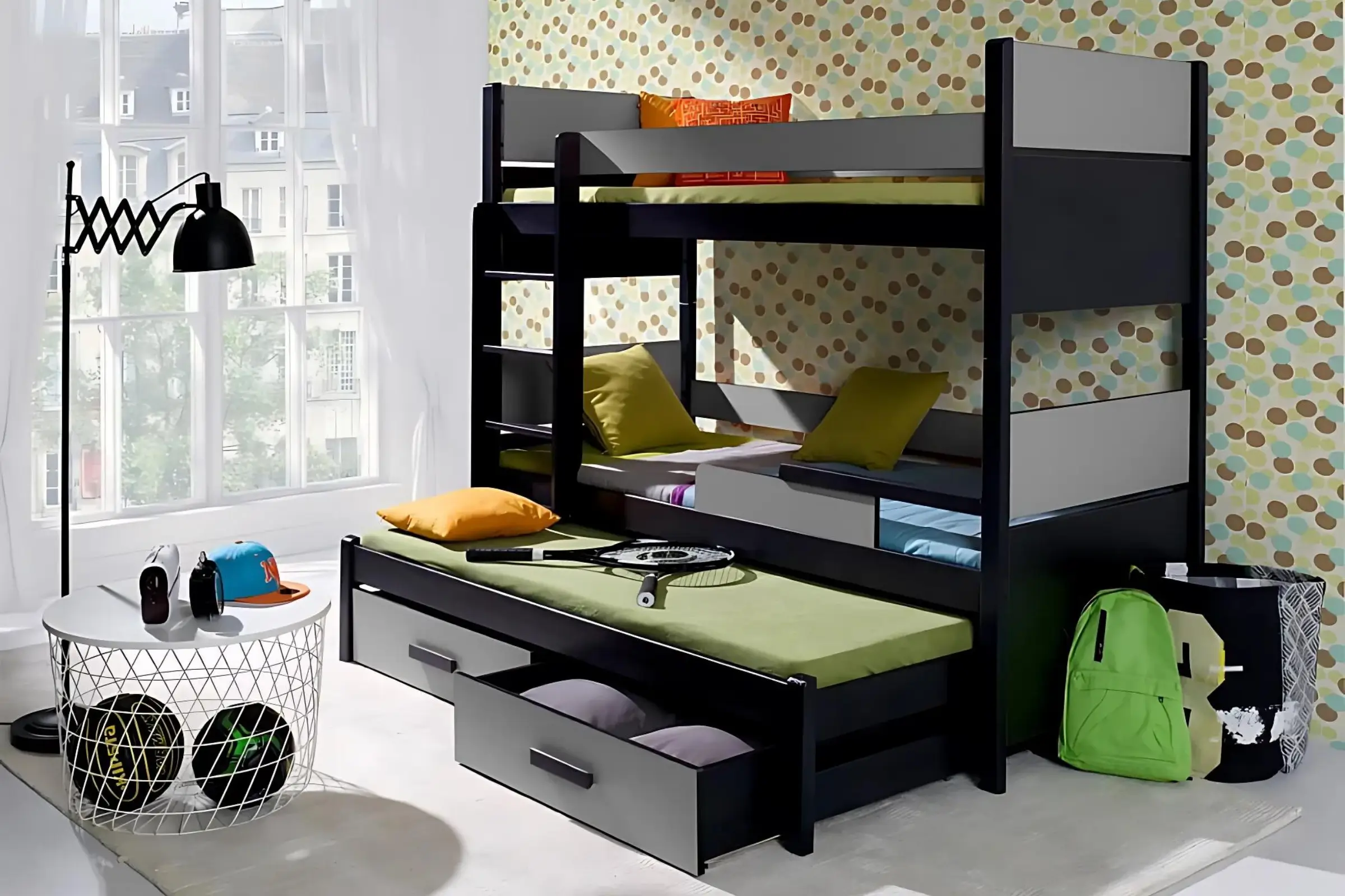 AUGUSTIN 90x200 Wenge + Anthrazit Etagenbett Ausziehbett mit Schubladen Deine Möbel