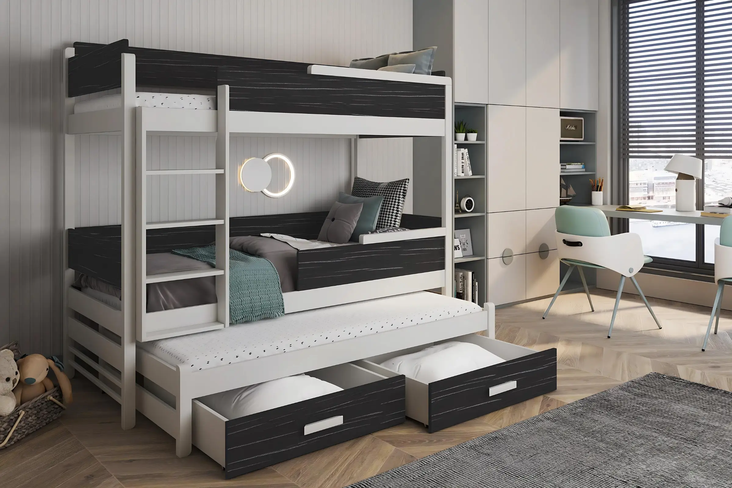 CONNOR 90x200 Weiß + Onyx Etagenbett Ausziehbett mit Schubladen Deine Möbel