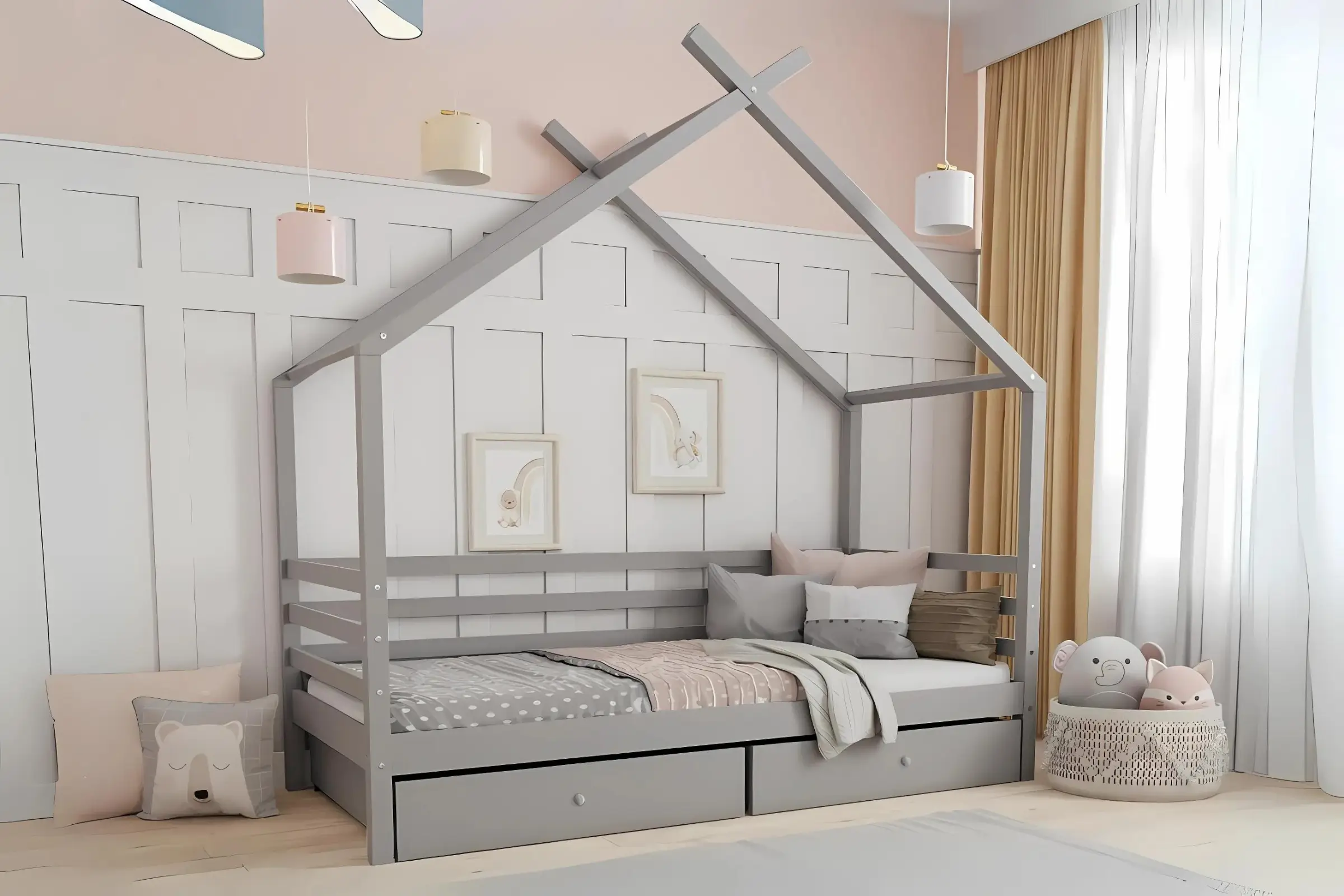 MOON 90x200 Grau Hausbett Einzelbett mit Schubladen Deine Möbel