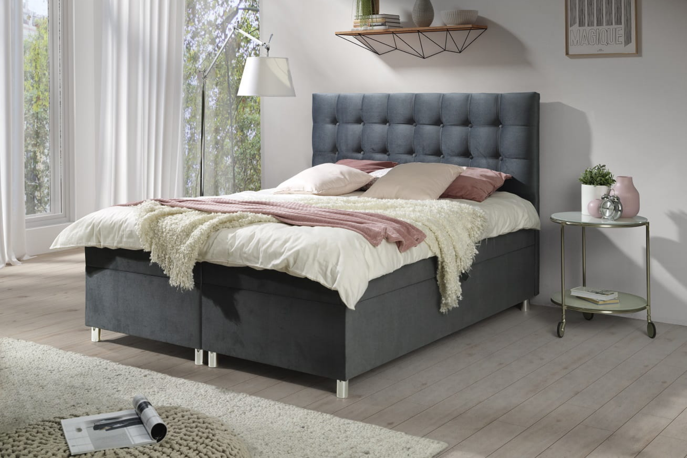 EDEN 120x200 Velour Paros 6 Grau Boxspringbett mit Bettkasten Deine Möbel